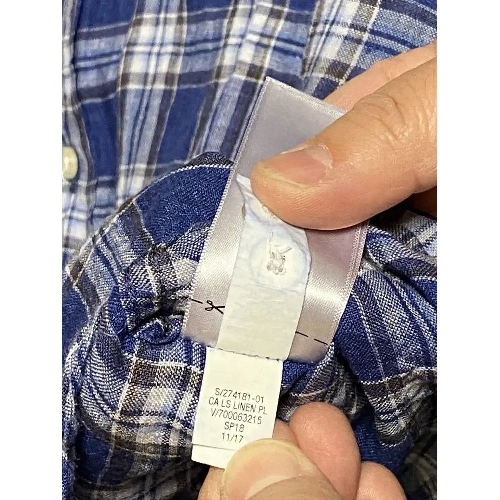 Banana Republic Shirt Men L Blue‎ Plaid Linen Button Up Camden Standard Casual